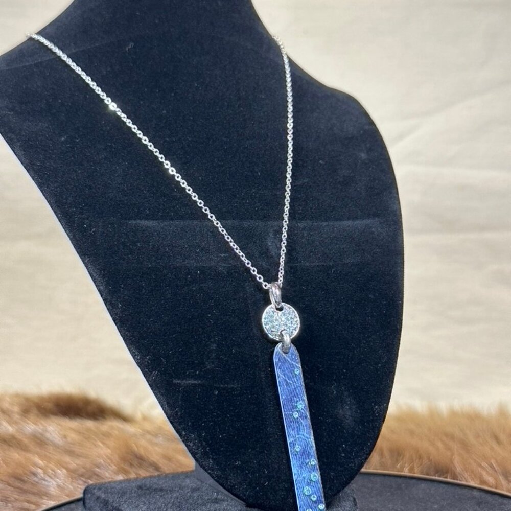 Blue Textured Pendant Necklace – Long Silver Chain - Picture 3 of 3